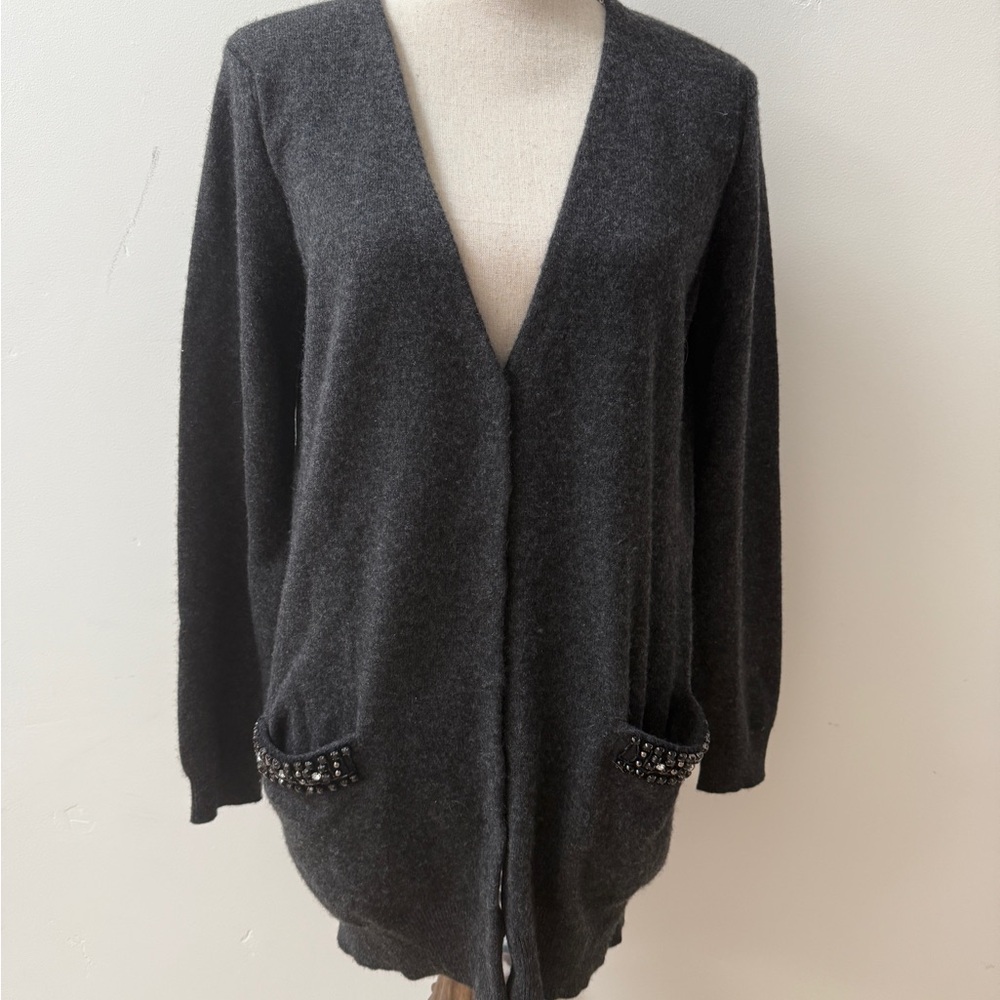 MAGASCHONI Women's Gray Cashmere Cardigan Sweater,beaded detailing at pockets,M